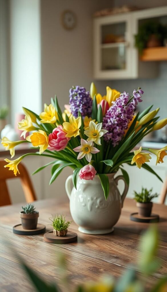 Fresh spring blooms arranged in a charming ceramic vase, featuring a vibrant mix of tulips, daffodils, and hyacinths, elegantly displayed on a rustic wooden kitchen table. The foreground highlights the intricate textures of the flowers' petals, while the soft, diffused natural light creates a warm, inviting atmosphere. In the middle ground, the vase is surrounded by complementary decor elements like small potted herbs and stylish coasters. In the background, a cozy kitchen setting is hinted at, with soft pastel colors and a hint of greenery. Capture this scene from a slightly elevated angle to emphasize the beauty of the centerpiece, embodying the essence of spring refreshment. This image is styled for CozyTrendHub, evoking seasonal charm and home warmth.