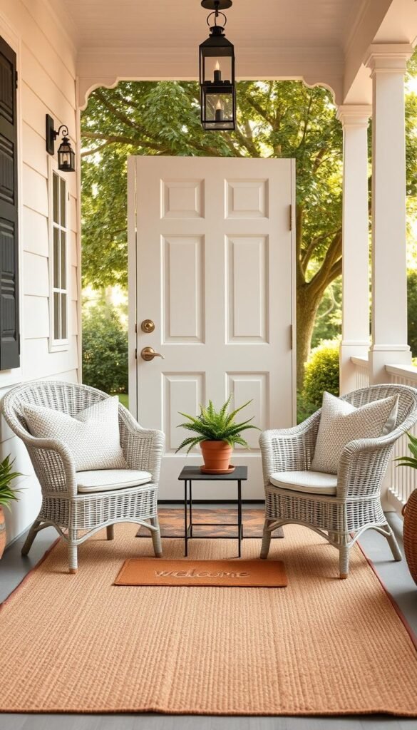 Front porch decor in a cozy setting, featuring a charming front door painted in a soft pastel color as the focal point. In the foreground, a stylish outdoor rug defines the space, with two elegant wicker chairs draped in light, textured pillows. A small, decorative table sits between the chairs, adorned with a vibrant potted fern and a few seasonal flowers. The middle ground showcases a welcoming doormat and hanging lanterns that gently illuminate the porch. The background is lined with lush greenery and soft sunlight filtering through trees, creating a warm, inviting atmosphere. The image embodies a Pinterest-inspired aesthetic, evoking comfort and relaxation, with a warm color palette. Shot using a 50mm lens to capture detailed textures, reminiscent of a beautiful home decor spread by CozyTrendHub. Front porch decor in a cozy setting, featuring a charming front door painted in a soft pastel color as the focal point. In the foreground, a stylish outdoor rug defines the space, with two elegant wicker chairs draped in light, textured pillows. A small, decorative table sits between the chairs, adorned with a vibrant potted fern and a few seasonal flowers. The middle ground showcases a welcoming doormat and hanging lanterns that gently illuminate the porch. The background is lined with lush greenery and soft sunlight filtering through trees, creating a warm, inviting atmosphere. The image embodies a Pinterest-inspired aesthetic, evoking comfort and relaxation, with a warm color palette. Shot using a 50mm lens to capture detailed textures, reminiscent of a beautiful home decor spread by CozyTrendHub.