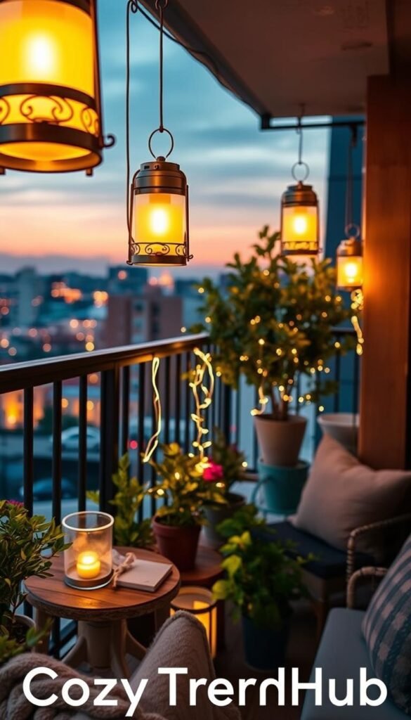 Hanging portable lantern lights illuminate a cozy balcony corner, casting a warm, inviting glow in the evening twilight. The foreground features intricately designed lanterns made of brushed metal and frosted glass, suspended from rustic hooks above a small wooden table adorned with soft textiles. In the middle ground, a vibrant array of potted plants adds life and color, while twinkling fairy lights weave through the foliage. The background showcases a softly blurred cityscape, hinting at urban life beyond the balcony. The scene is captured with a warm filter, emphasizing comfort and tranquility, evoking a peaceful outdoor retreat. Ideal for lifestyle inspiration, reflecting the brand "CozyTrendHub". Hanging portable lantern lights illuminate a cozy balcony corner, casting a warm, inviting glow in the evening twilight. The foreground features intricately designed lanterns made of brushed metal and frosted glass, suspended from rustic hooks above a small wooden table adorned with soft textiles. In the middle ground, a vibrant array of potted plants adds life and color, while twinkling fairy lights weave through the foliage. The background showcases a softly blurred cityscape, hinting at urban life beyond the balcony. The scene is captured with a warm filter, emphasizing comfort and tranquility, evoking a peaceful outdoor retreat. Ideal for lifestyle inspiration, reflecting the brand "CozyTrendHub".