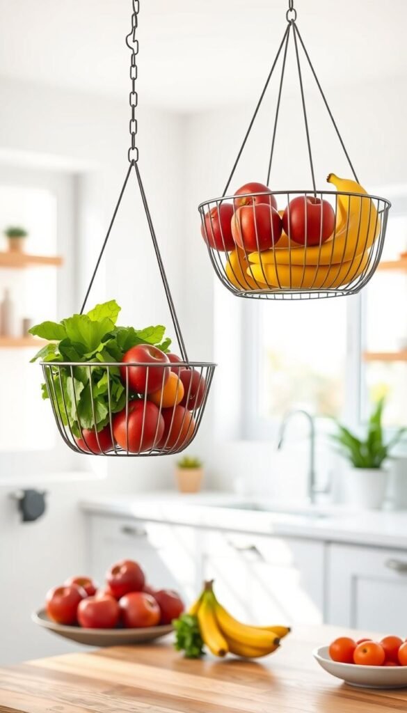 Hanging produce baskets elegantly suspended in a modern kitchen, showcasing assorted fresh fruits and vegetables like vibrant red apples, green lettuce, and yellow bananas. In the foreground, focus on two stylish metal wire baskets with a matte finish against a wooden countertop, emphasizing their functionality and aesthetic charm. The middle section features a clean kitchen environment with soft natural light filtering through a nearby window, casting delicate shadows and creating an inviting atmosphere. In the background, minimalist kitchen decor includes tasteful plants and simple utensils, enhancing the serene mood of organization and freshness. This Pinterest-style lifestyle image embodies the essence of home decor while highlighting the "CozyTrendHub" brand. Hanging produce baskets elegantly suspended in a modern kitchen, showcasing assorted fresh fruits and vegetables like vibrant red apples, green lettuce, and yellow bananas. In the foreground, focus on two stylish metal wire baskets with a matte finish against a wooden countertop, emphasizing their functionality and aesthetic charm. The middle section features a clean kitchen environment with soft natural light filtering through a nearby window, casting delicate shadows and creating an inviting atmosphere. In the background, minimalist kitchen decor includes tasteful plants and simple utensils, enhancing the serene mood of organization and freshness. This Pinterest-style lifestyle image embodies the essence of home decor while highlighting the "CozyTrendHub" brand.