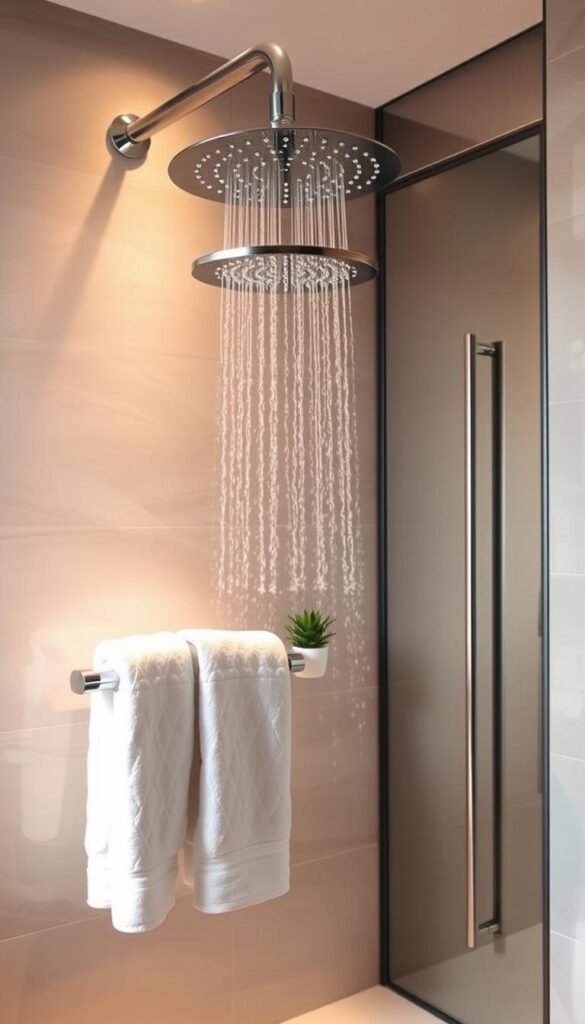 In a modern bathroom, a sleek, chrome shower head is the focal point, featuring a wide, rain-style design enhancing water pressure. The shower is elegantly mounted against a backdrop of soft, neutral tiles, creating a tranquil atmosphere. Warm, ambient lighting bathes the scene, highlighting the glistening surface of the shower head and casting gentle shadows across the floor. In the foreground, luxurious white towels hang on a polished chrome rack, and a small potted plant adds a touch of greenery to the space. The mirrored cabinets in the background reflect the well-arranged decor, promoting a spa-like feel. The overall mood is serene and inviting, perfect for a Pinterest-style lifestyle photograph by CozyTrendHub.