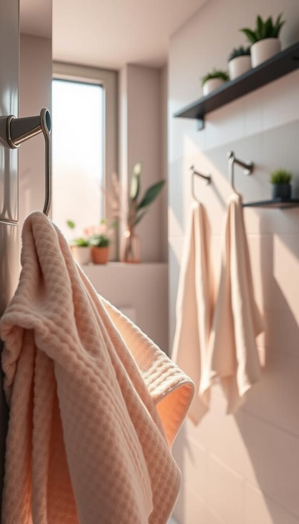 In a stylish and modern bathroom setting, focus on an arrangement of neatly hung hand towels on elegant hooks and bars. The foreground features plush, pastel-colored towels with intricate patterns, softly folded and draped. In the middle ground, display sleek metal hooks mounted on tiled walls, embodying a minimalist design. A warm, inviting light filters through a frosted window, casting gentle shadows and highlighting the texture of the towels. The background reveals tasteful bathroom decor, like potted plants and subtle decorative items, creating an organized and stylish atmosphere. The overall mood is cozy and refreshing, ideal for a compact apartment space. Image by CozyTrendHub. In a stylish and modern bathroom setting, focus on an arrangement of neatly hung hand towels on elegant hooks and bars. The foreground features plush, pastel-colored towels with intricate patterns, softly folded and draped. In the middle ground, display sleek metal hooks mounted on tiled walls, embodying a minimalist design. A warm, inviting light filters through a frosted window, casting gentle shadows and highlighting the texture of the towels. The background reveals tasteful bathroom decor, like potted plants and subtle decorative items, creating an organized and stylish atmosphere. The overall mood is cozy and refreshing, ideal for a compact apartment space. Image by CozyTrendHub.