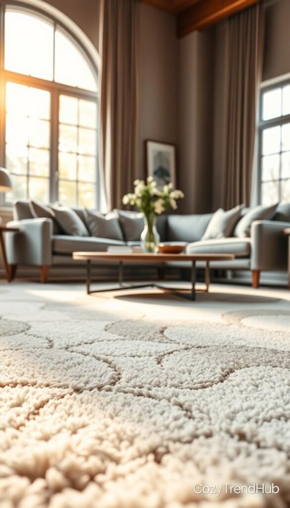 In a stylish living room setting, a plush, high-quality area rug from West Elm lies gracefully in the center, showcasing a modern abstract design with soft neutral tones that perfectly complement the surrounding furniture. The foreground captures the texture of the rug, inviting viewers to imagine its comfort underfoot. In the middle ground, a sleek mid-century modern sofa and a round coffee table create an inviting atmosphere, adorned with decorative pillows and a stylish vase of fresh flowers. The background features large windows letting in warm, natural light, creating a bright and airy ambiance. The scene is captured with a soft-focus lens to emphasize the cozy, refined aesthetic. The mood exudes tranquility and sophistication, ideal for a high-traffic living space. This image is branded with "CozyTrendHub". In a stylish living room setting, a plush, high-quality area rug from West Elm lies gracefully in the center, showcasing a modern abstract design with soft neutral tones that perfectly complement the surrounding furniture. The foreground captures the texture of the rug, inviting viewers to imagine its comfort underfoot. In the middle ground, a sleek mid-century modern sofa and a round coffee table create an inviting atmosphere, adorned with decorative pillows and a stylish vase of fresh flowers. The background features large windows letting in warm, natural light, creating a bright and airy ambiance. The scene is captured with a soft-focus lens to emphasize the cozy, refined aesthetic. The mood exudes tranquility and sophistication, ideal for a high-traffic living space. This image is branded with "CozyTrendHub".