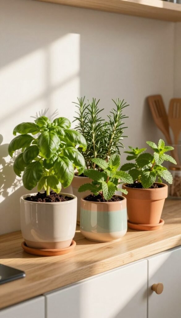 Indoor herb pots arranged on a minimalist wooden kitchen shelf, showcasing a variety of vibrant green plants like basil, rosemary, and mint. The foreground features detailed craftsmanship of ceramic and terracotta pots, with some pots decorated in soft pastel colors, enhancing the spring aesthetic. The middle area includes the herbs with delicate soil visible, while sunlight filters through a nearby window, creating gentle shadow play on the wall. In the background, hints of a clean, modern kitchen with minimalist decor elements, such as wooden utensils and a subtle salt and pepper set, add to the ambiance. The lighting is warm and inviting, reflecting a fresh, spring atmosphere. This image embodies a cozy yet modern lifestyle, capturing the essence of seasonal indoor greenery for a clean, contemporary look. CozyTrendHub.