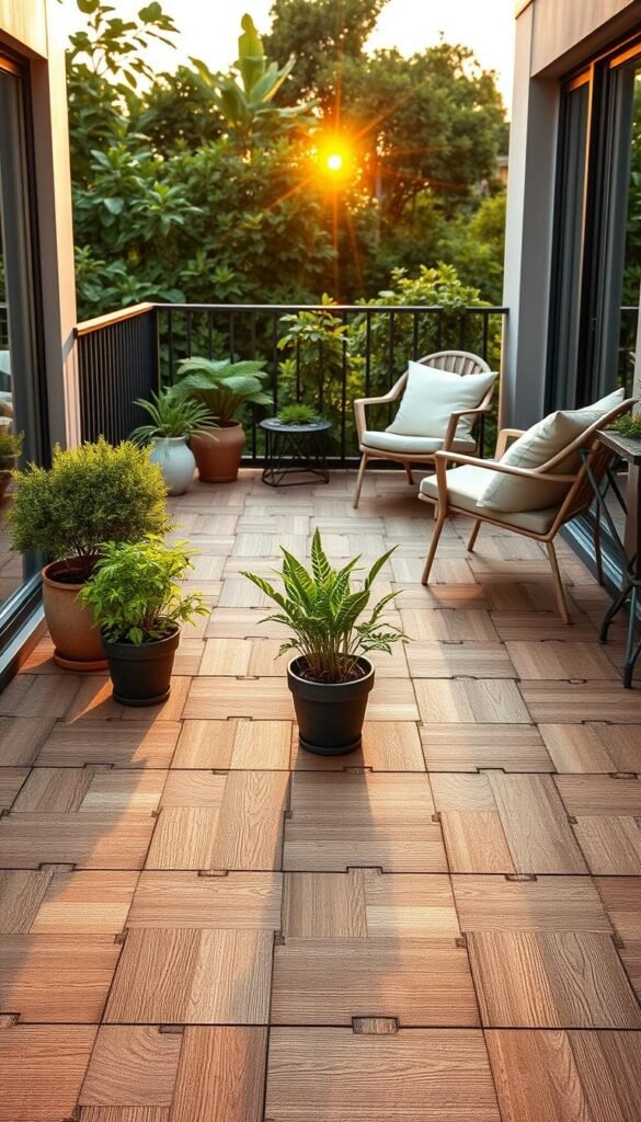 Interlocking deck tiles arranged beautifully on a small balcony floor, showcasing a warm, inviting atmosphere. The tiles, made of natural wood and composite materials, exhibit intricate designs that enhance the space's charm. In the foreground, a few potted plants with vibrant green foliage are placed to soften the look. The middle ground features a cozy seating area with chic, lightweight furniture in soft tones, inviting relaxation. A soft, golden light filters through the setting sun, casting gentle shadows, and highlighting the textures of the deck tiles. The background reveals a glimpse of lush greenery, creating a tranquil urban oasis. This lifestyle image is designed in a Pinterest-style, emphasizing home decor and seasonal themes, perfect for CozyTrendHub's aesthetic.