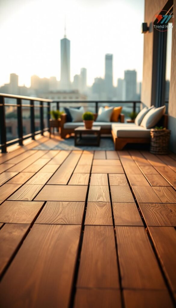 Interlocking deck tiles laid out on a stylish balcony, showcasing a beautiful morning scene. The foreground features a close-up view of the rich wood grain of the tiles, highlighting their seamless interlocking pattern. In the middle, a cozy seating arrangement with plush cushions and a small potted plant adds a touch of warmth and style. The background presents a city skyline, softly blurred, with gentle sunlight filtering through, creating a welcoming atmosphere. The mood is relaxed and inviting, perfect for enjoying a morning coffee or evening relaxation. Capture this in a realistic, Pinterest-style lifestyle photo, reflecting home decor trends. Include a subtle watermark with the brand name "CozyTrendHub" in one corner.