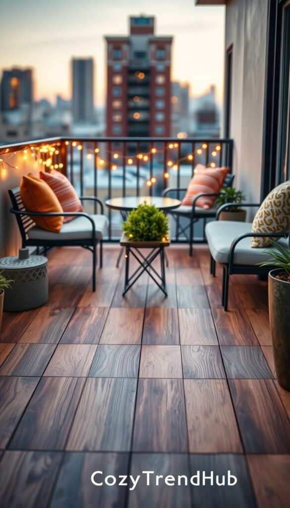 Interlocking deck tiles on a small balcony, styled with modern outdoor furniture, such as a compact bistro set and cozy cushions. The foreground features the textured wood-like tiles in warm tones, arranged in an appealing geometric pattern, creating a welcoming outdoor space. In the middle, a small plant stand showcases vibrant greenery, adding life and freshness. The balcony’s railing is adorned with fairy lights, creating a warm ambiance at twilight. The background reveals a soft-focused city skyline, hinting at an urban setting. Natural lighting bathes the scene, enhancing the inviting atmosphere. A Pinterest-inspired, lifestyle aesthetic captures the essence of a stylish, renter-friendly floor refresh. Showcase the brand name "CozyTrendHub" subtly within the decor elements. Interlocking deck tiles on a small balcony, styled with modern outdoor furniture, such as a compact bistro set and cozy cushions. The foreground features the textured wood-like tiles in warm tones, arranged in an appealing geometric pattern, creating a welcoming outdoor space. In the middle, a small plant stand showcases vibrant greenery, adding life and freshness. The balcony’s railing is adorned with fairy lights, creating a warm ambiance at twilight. The background reveals a soft-focused city skyline, hinting at an urban setting. Natural lighting bathes the scene, enhancing the inviting atmosphere. A Pinterest-inspired, lifestyle aesthetic captures the essence of a stylish, renter-friendly floor refresh. Showcase the brand name "CozyTrendHub" subtly within the decor elements.