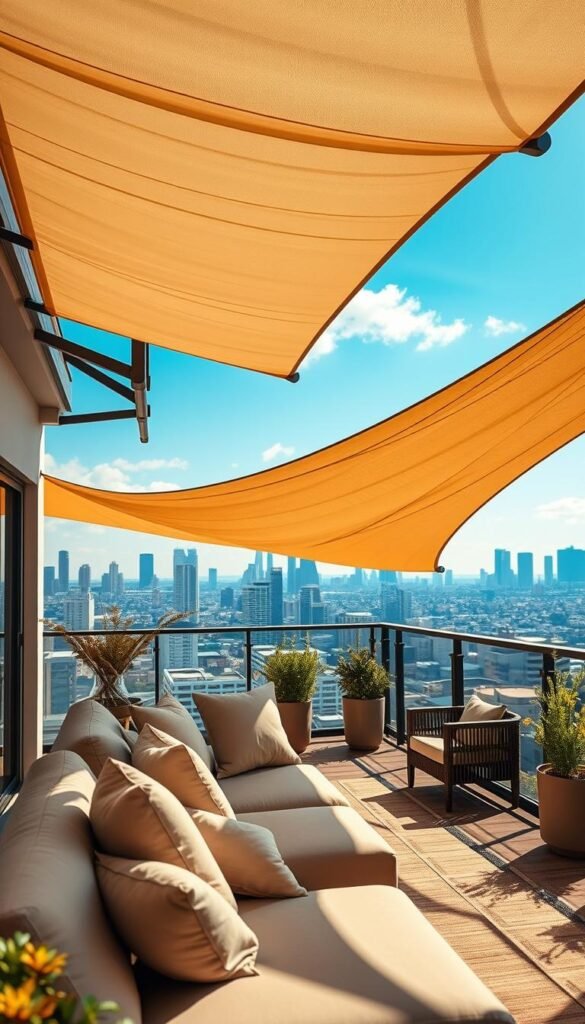 Inviting outdoor scene depicting a stylish balcony designed for windy environments, showcasing innovative shade options for wind protection, including sturdy retractable awnings, elegant shade sails, and wind-resistant screens. In the foreground, a beautifully arranged seating area with comfortable cushions in soft, muted tones. The middle ground features the shade options angled to catch the light. The background shows a vibrant urban skyline under a clear blue sky, with gentle breezes illustrated by fluttering fabrics. The lighting is warm and natural, creating a cozy ambiance. The overall mood is relaxed and sophisticated, perfect for showcasing outdoor d&eacute;cor ideas. Shot with a wide-angle lens for an immersive perspective. Designed with a Pinterest aesthetic for "CozyTrendHub."