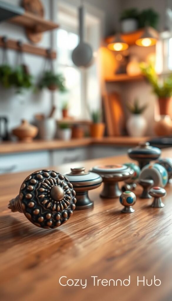 Kitchen cabinet knobs displayed beautifully on a wooden countertop, featuring a variety of styles and finishes such as rustic bronze, modern chrome, and colorful ceramic. In the foreground, focus on a close-up of an intricately designed knob, highlighting its texture and craftsmanship. The middle ground showcases several additional knobs arranged artistically in a softly blurred setting, capturing a cozy kitchen atmosphere. In the background, hint of a well-organized kitchen with stylish decor elements like hanging herbs and potted plants, bathed in warm, natural light that evokes a welcoming feel. The scene is photographed with a shallow depth of field, creating an inviting Pinterest-style image that embodies practical yet stylish home decor upgrades. CozyTrendHub branding subtly integrates into the image without any text, maintaining the focus on the cabinet knobs and their transformative potential. Kitchen cabinet knobs displayed beautifully on a wooden countertop, featuring a variety of styles and finishes such as rustic bronze, modern chrome, and colorful ceramic. In the foreground, focus on a close-up of an intricately designed knob, highlighting its texture and craftsmanship. The middle ground showcases several additional knobs arranged artistically in a softly blurred setting, capturing a cozy kitchen atmosphere. In the background, hint of a well-organized kitchen with stylish decor elements like hanging herbs and potted plants, bathed in warm, natural light that evokes a welcoming feel. The scene is photographed with a shallow depth of field, creating an inviting Pinterest-style image that embodies practical yet stylish home decor upgrades. CozyTrendHub branding subtly integrates into the image without any text, maintaining the focus on the cabinet knobs and their transformative potential.