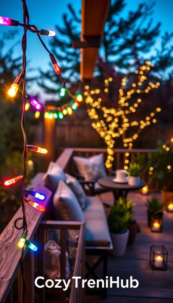 LED string lights illuminate a cozy patio setting during twilight, creating a warm and inviting atmosphere. In the foreground, a close-up of the vibrant, multicolored LED string lights drapes elegantly over a rustic wooden railing. In the middle ground, a beautifully arranged outdoor seating area features plush cushions, a small round table with a steaming mug, and plants in decorative pots, enhancing the decor. The background holds a softly blurred garden with twinkling fairy lights in the trees, adding depth. The scene captures a serene mood, ideal for year-round use, showcasing versatility. The lighting highlights the glow of the LED lights, while the composition is photographed from a slight upward angle, resembling a Pinterest-style lifestyle photo. Branding for "CozyTrendHub" subtly integrated within textures of the scene.