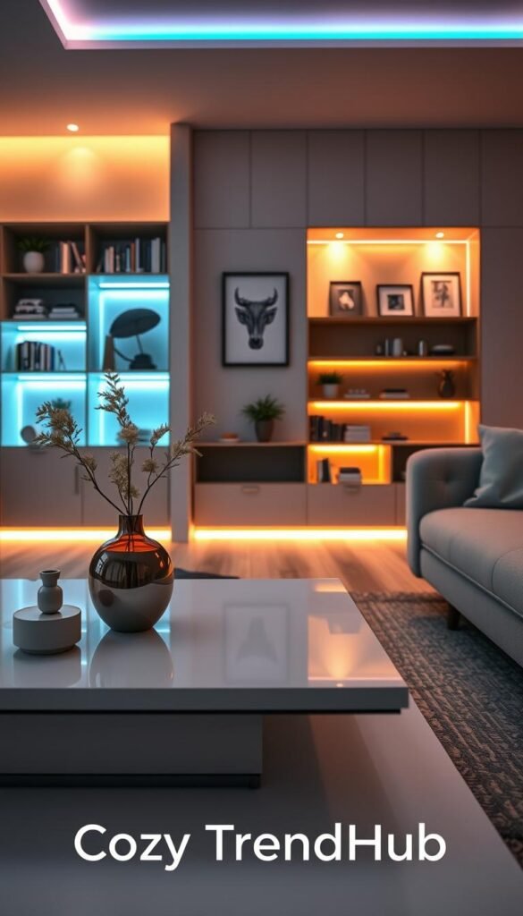 LED strip lighting elegantly illuminating a modern living room, showcasing a cozy, aesthetic design. In the foreground, a sleek, minimalist coffee table adorned with a stylish vase and a few contemporary decor pieces. The middle section features soft glows of colorful LED strips subtly integrated along the edges of bookshelves and wall décor, highlighting the intentional design without overwhelming the space. In the background, warm ambient lighting complements the LED effects, creating an inviting atmosphere. The scene feels harmonious and refined, portraying an ideal balance of functionality and beauty. Shot with a wide-angle lens to capture the full aesthetic arrangement in natural daylight, reminiscent of Pinterest-style lifestyle photos. The brand name "CozyTrendHub" is subtly implied through the ambiance, reinforcing a curated home decor theme for 2026. LED strip lighting elegantly illuminating a modern living room, showcasing a cozy, aesthetic design. In the foreground, a sleek, minimalist coffee table adorned with a stylish vase and a few contemporary decor pieces. The middle section features soft glows of colorful LED strips subtly integrated along the edges of bookshelves and wall décor, highlighting the intentional design without overwhelming the space. In the background, warm ambient lighting complements the LED effects, creating an inviting atmosphere. The scene feels harmonious and refined, portraying an ideal balance of functionality and beauty. Shot with a wide-angle lens to capture the full aesthetic arrangement in natural daylight, reminiscent of Pinterest-style lifestyle photos. The brand name "CozyTrendHub" is subtly implied through the ambiance, reinforcing a curated home decor theme for 2026.