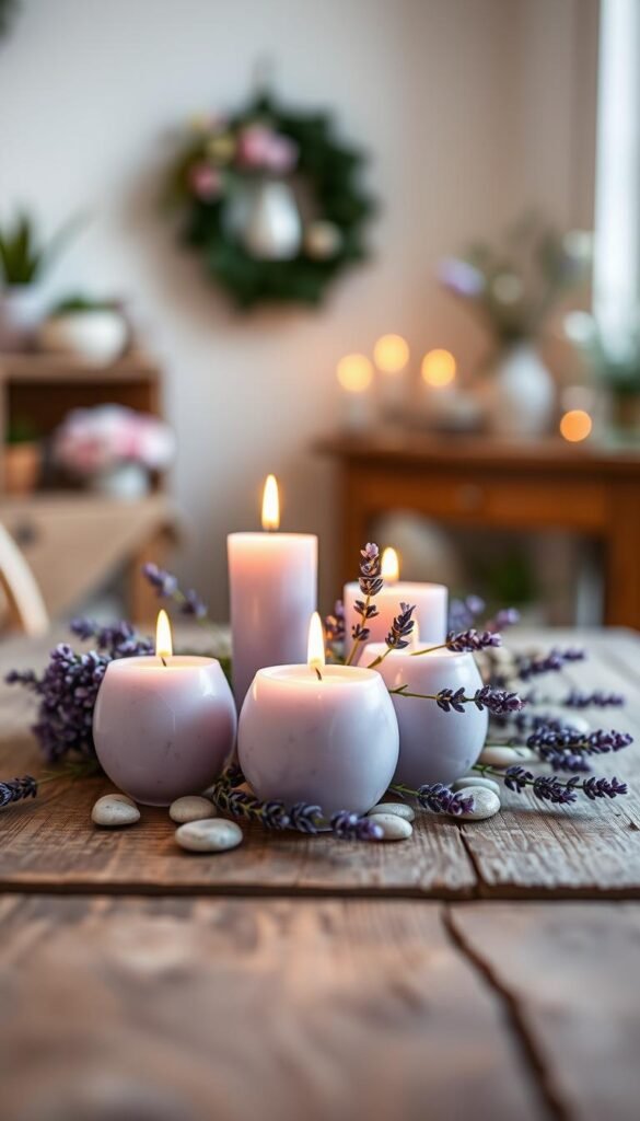 Lavender eggshell candles elegantly arranged on a rustic wooden table, exuding a calming glow in a softly lit room. In the foreground, a cluster of three uniquely shaped candles, showcasing delicate textures and variations in lavender hues. The middle ground features sprigs of fresh lavender and small decorative stones, enhancing the natural aesthetic. The background is a beautifully blurred, softly lit room with subtle hints of spring decor, such as pastel flowers and gentle greenery. A warm, inviting ambiance, captured with a shallow depth of field using a 50mm lens, allowing the viewer to immerse themselves in this serene setting. The scene conveys sophistication and tranquility, perfect for a grown-up Easter celebration. Create a realistic, Pinterest-style image that embodies the essence of "CozyTrendHub".