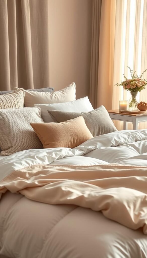 Layered bedding styled in a serene, neutral color palette featuring soft beiges, muted greys, and gentle whites. In the foreground, showcase an inviting bed dressed with plush throw pillows of varying textures, including knitted and velvet, and a soft, cozy blanket tucked elegantly at the foot. The middle layer presents a beautifully made bed with a fluffy down comforter slightly rumpled, hinting at comfort. In the background, a softly lit room with warm, natural light streaming through sheer curtains, accentuating the tranquil atmosphere. Add subtle decorative elements like a bedside table with a vase of fresh flowers and a warm glow from a stylish lamp to enhance the cozy mood. This image embodies a qualified Pinterest lifestyle aesthetic, branded with "CozyTrendHub". Layered bedding styled in a serene, neutral color palette featuring soft beiges, muted greys, and gentle whites. In the foreground, showcase an inviting bed dressed with plush throw pillows of varying textures, including knitted and velvet, and a soft, cozy blanket tucked elegantly at the foot. The middle layer presents a beautifully made bed with a fluffy down comforter slightly rumpled, hinting at comfort. In the background, a softly lit room with warm, natural light streaming through sheer curtains, accentuating the tranquil atmosphere. Add subtle decorative elements like a bedside table with a vase of fresh flowers and a warm glow from a stylish lamp to enhance the cozy mood. This image embodies a qualified Pinterest lifestyle aesthetic, branded with "CozyTrendHub".