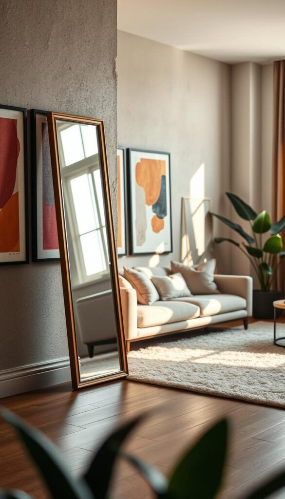 Leaning art mirrors elegantly placed in a chic, modern living space by CozyTrendHub. In the foreground, a large, full-length mirror leans against a textured wall, reflecting gentle natural light streaming from a nearby window. Flanking the mirror are oversized framed artworks showcasing abstract designs in vibrant colors, harmonizing with the room's minimalist decor. The middle ground features a plush area rug and a stylish sofa adorned with decorative cushions, creating a cozy ambiance. In the background, soft indoor plants enhance the atmosphere, adding a touch of greenery. The overall mood is inviting and contemporary, bathed in warm, soft lighting that highlights the textures and colors of the decor, perfect for a Pinterest-inspired lifestyle photo. Leaning art mirrors elegantly placed in a chic, modern living space by CozyTrendHub. In the foreground, a large, full-length mirror leans against a textured wall, reflecting gentle natural light streaming from a nearby window. Flanking the mirror are oversized framed artworks showcasing abstract designs in vibrant colors, harmonizing with the room's minimalist decor. The middle ground features a plush area rug and a stylish sofa adorned with decorative cushions, creating a cozy ambiance. In the background, soft indoor plants enhance the atmosphere, adding a touch of greenery. The overall mood is inviting and contemporary, bathed in warm, soft lighting that highlights the textures and colors of the decor, perfect for a Pinterest-inspired lifestyle photo.