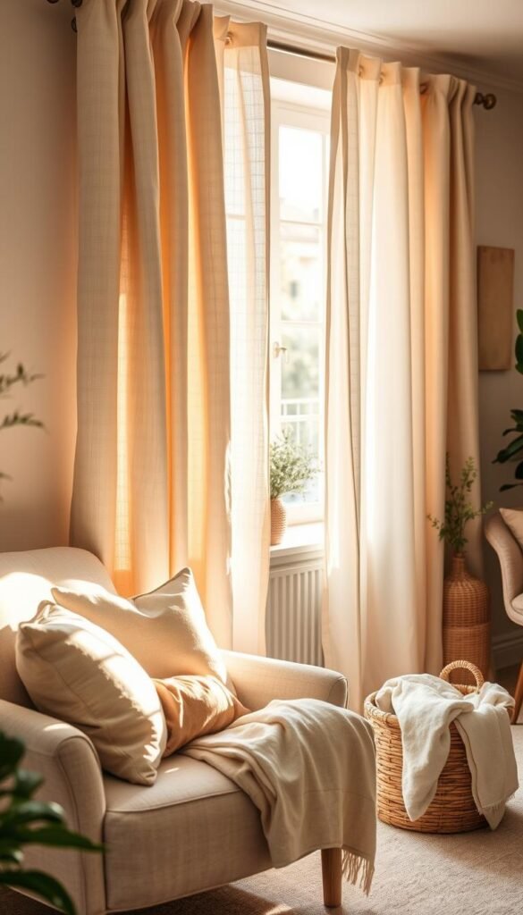 Linen curtains gracefully drape a sunlit window, allowing soft, golden light to filter through, creating a warm and inviting atmosphere. In the foreground, a cozy reading nook features a plush armchair adorned with pastel throw pillows, while a woven basket sits beside it, filled with soft blankets. The middle ground showcases the elegant linen curtains, flowing lightly in a gentle breeze, enhancing the casual elegance of the room. The background features a tastefully decorated living space with light wood accents and houseplants that breathe life into the scene. The photo is captured with a shallow depth of field, using natural light to emphasize the textures and colors of the fabric. The mood is serene and welcoming, embodying the essence of comfort and style, perfect for CozyTrendHub. Linen curtains gracefully drape a sunlit window, allowing soft, golden light to filter through, creating a warm and inviting atmosphere. In the foreground, a cozy reading nook features a plush armchair adorned with pastel throw pillows, while a woven basket sits beside it, filled with soft blankets. The middle ground showcases the elegant linen curtains, flowing lightly in a gentle breeze, enhancing the casual elegance of the room. The background features a tastefully decorated living space with light wood accents and houseplants that breathe life into the scene. The photo is captured with a shallow depth of field, using natural light to emphasize the textures and colors of the fabric. The mood is serene and welcoming, embodying the essence of comfort and style, perfect for CozyTrendHub.