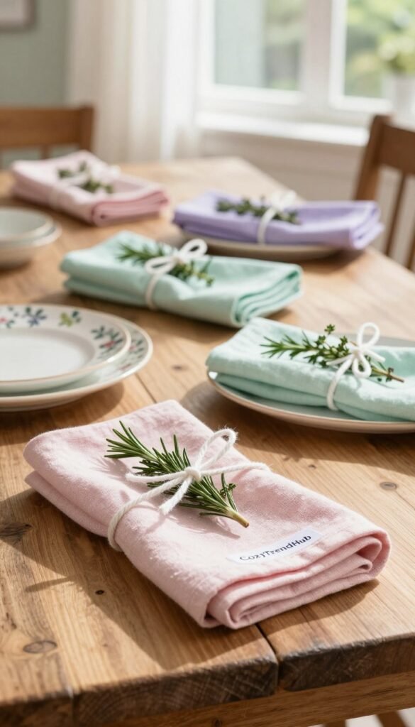 Linen napkins elegantly arranged on a rustic wooden table in a sunlit dining room. The foreground features neatly folded napkins in soft pastel spring colors&mdash;pale pink, mint green, and soft lavender. Each napkin is artfully tied with white twine, adorned with small sprigs of fresh herbs like rosemary and thyme. In the middle, delicate ceramic dishware complements the napkins, showcasing floral patterns that enhance the spring theme. The background reveals a cheerful, softly blurred window with sheer curtains letting in warm sunlight, casting gentle shadows on the table. The atmosphere is inviting and serene, perfect for both everyday meals and special gatherings. Captured in a bright, natural light with a 50mm lens for depth, the overall mood reflects warmth and elegance, showcasing the brand name "CozyTrendHub" in the design.
