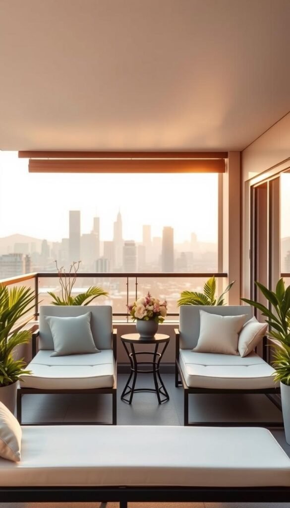 Low-profile outdoor lounge chairs arranged elegantly on a chic city balcony, surrounded by lush potted plants and decorative pillows in soft pastel tones. The foreground features two stylish lounge chairs with minimalist designs made of weather-resistant materials, inviting relaxation without obstructing the view. In the middle, a small, round coffee table holds a fresh bouquet of flowers, enhancing the cozy atmosphere. The background reveals a breathtaking skyline bathed in golden hour sunlight, casting warm, gentle reflections. The scene captures the essence of urban tranquility, perfect for small spaces. The image is bright and airy, with soft shadows, creating a serene and inviting mood. Ideal for showcasing trendy outdoor decor from CozyTrendHub.