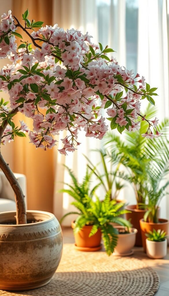 Lush and vibrant branches of a flowering tree, showcasing delicate blossoms in soft pink and white hues, intricately arranged in an elegant, rustic ceramic pot. The foreground features woven textures, such as a natural jute mat, enhancing the cozy atmosphere. In the middle ground, various potted plants of different sizes, including ferns and succulents, create an inviting, fresh ambiance. The background is softly blurred, with warm sunlight filtering through sheer curtains, casting gentle shadows that evoke tranquility. Capture the scene using a shallow depth of field and a warm color palette to emphasize the natural beauty. Aim for a Pinterest-style aesthetic, characteristic of home decor themes that radiate freshness, as seen in "CozyTrendHub". Lush and vibrant branches of a flowering tree, showcasing delicate blossoms in soft pink and white hues, intricately arranged in an elegant, rustic ceramic pot. The foreground features woven textures, such as a natural jute mat, enhancing the cozy atmosphere. In the middle ground, various potted plants of different sizes, including ferns and succulents, create an inviting, fresh ambiance. The background is softly blurred, with warm sunlight filtering through sheer curtains, casting gentle shadows that evoke tranquility. Capture the scene using a shallow depth of field and a warm color palette to emphasize the natural beauty. Aim for a Pinterest-style aesthetic, characteristic of home decor themes that radiate freshness, as seen in "CozyTrendHub".