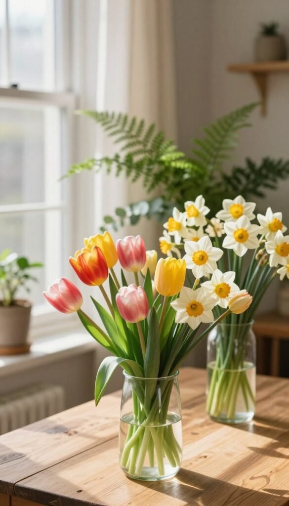 Lush arrangement of fresh spring flowers in a light, airy small room, featuring vibrant tulips, delicate daffodils, and cheerful daisies in a clear glass vase. Foreground showcases the floral centerpiece on a rustic wooden table with subtle textures. Middle layer includes soft greenery like ferns and eucalyptus branches, creating a calming ambiance. Background features a sunlit window with sheer curtains that diffuse warm natural light, casting gentle shadows. The overall mood is fresh, inviting, and rejuvenating, ideal for spring decor. Lens focuses on a close-up shot to highlight the vivid colors and textures of the flowers. The scene perfectly embodies a Pinterest-inspired lifestyle image for CozyTrendHub, emphasizing the beauty of spring in small spaces. Lush arrangement of fresh spring flowers in a light, airy small room, featuring vibrant tulips, delicate daffodils, and cheerful daisies in a clear glass vase. Foreground showcases the floral centerpiece on a rustic wooden table with subtle textures. Middle layer includes soft greenery like ferns and eucalyptus branches, creating a calming ambiance. Background features a sunlit window with sheer curtains that diffuse warm natural light, casting gentle shadows. The overall mood is fresh, inviting, and rejuvenating, ideal for spring decor. Lens focuses on a close-up shot to highlight the vivid colors and textures of the flowers. The scene perfectly embodies a Pinterest-inspired lifestyle image for CozyTrendHub, emphasizing the beauty of spring in small spaces.
