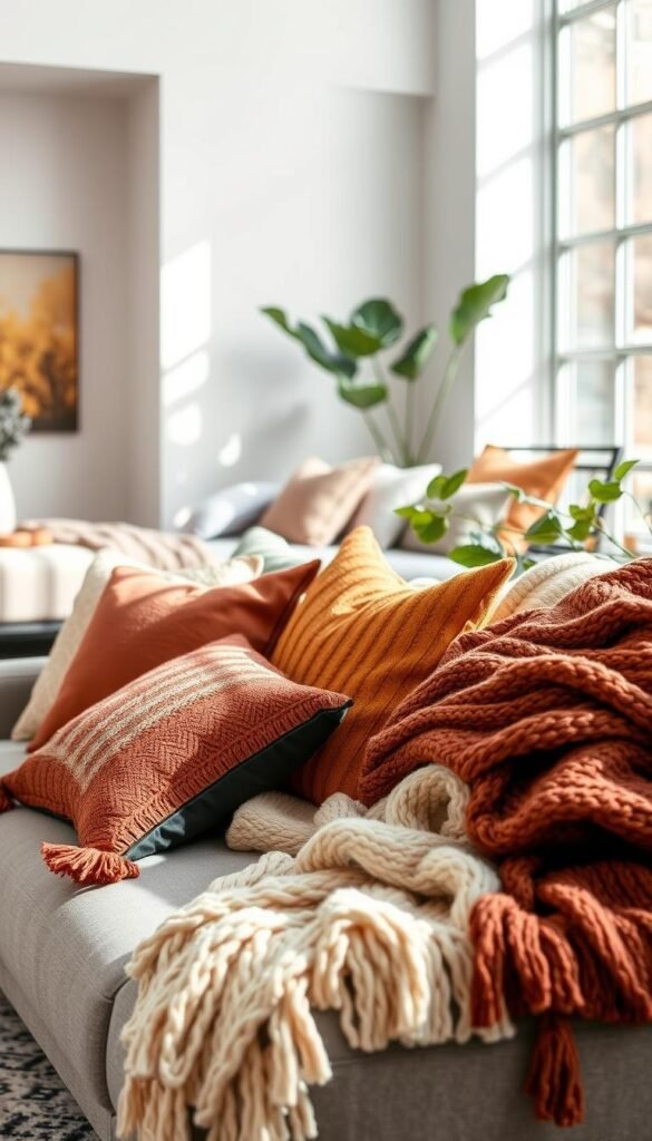 Lush assortment of colorful throw pillows and cozy knitted throws arranged artfully on a modern sofa, complemented by a stylish daybed in the background. The pillows feature various textures like velvet, linen, and cotton with intricate patterns, while the throws are layered, showcasing rich hues of autumn, including burnt oranges, deep burgundies, and soft creams. Soft, diffused natural lighting streams in from a large window, creating a warm and inviting atmosphere. The scene is styled with green indoor plants and a subtle decorative accent, offering a sense of tranquility and warmth. Expertly captured from a slightly elevated angle, emphasizing the textures and inviting colors to evoke a cozy, stylish living space. Perfect for CozyTrendHub&rsquo;s seasonal decor ideas.