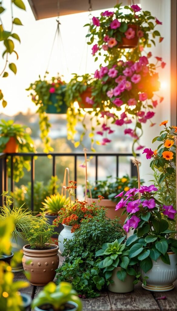 Lush balcony brimming with a variety of vibrant plants, showcasing a cozy outdoor oasis perfect for renters. In the foreground, a mix of potted herbs, colorful flowers, and leafy greens situated on a rustic wooden table, further enhanced by elegant ceramic pots in pastel shades. The middle features hanging planters overflowing with trailing vines and vibrant blooms, creating a cascading effect. The background reveals a soft sunset glow, illuminating the scene with warm, golden light as a gentle breeze rustles the leaves. The atmosphere is tranquil and inviting, ideal for relaxation. Capture this lifestyle moment in a Pinterest-worthy style, reflecting the cozy essence of &ldquo;CozyTrendHub&rdquo;. Use a shallow depth of field to emphasize the foreground plants while gently blurring the background.