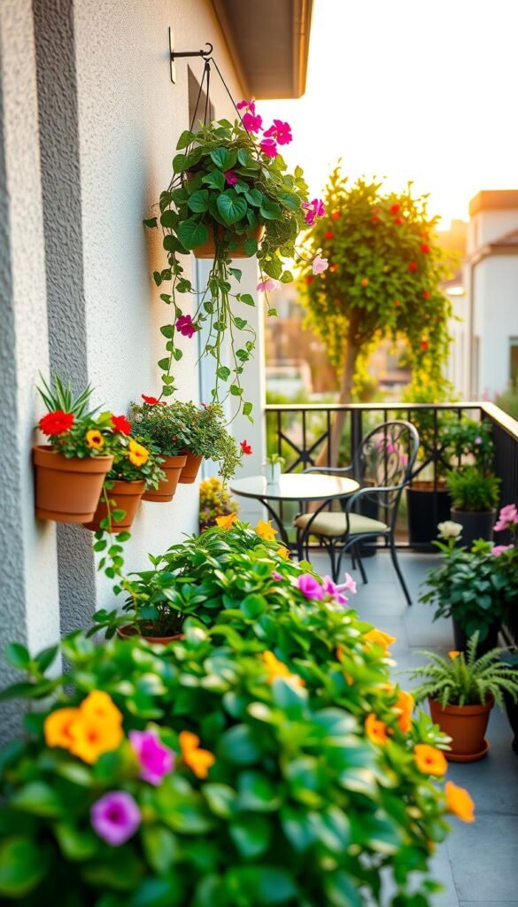 Lush balcony scene featuring a variety of potted plants, including vibrant flowers and leafy greens, arranged creatively on a stylish railing planter. In the foreground, a chic vertical garden display hangs against a textured wall, showcasing cascading vines and colorful blooms. The middle ground captures a cozy balcony setting, complete with a small, elegant table and comfy chairs surrounded by greenery. The background features a beautiful sunset casting a warm golden light over the plants, enhancing their vivid colors. Shot from a slightly elevated angle, mimicking a Pinterest-style lifestyle photo, this image exudes a serene and inviting atmosphere, perfect for inspiring garden style enthusiasts. Presented in the aesthetic of CozyTrendHub for a decorative home vibe. Lush balcony scene featuring a variety of potted plants, including vibrant flowers and leafy greens, arranged creatively on a stylish railing planter. In the foreground, a chic vertical garden display hangs against a textured wall, showcasing cascading vines and colorful blooms. The middle ground captures a cozy balcony setting, complete with a small, elegant table and comfy chairs surrounded by greenery. The background features a beautiful sunset casting a warm golden light over the plants, enhancing their vivid colors. Shot from a slightly elevated angle, mimicking a Pinterest-style lifestyle photo, this image exudes a serene and inviting atmosphere, perfect for inspiring garden style enthusiasts. Presented in the aesthetic of CozyTrendHub for a decorative home vibe.