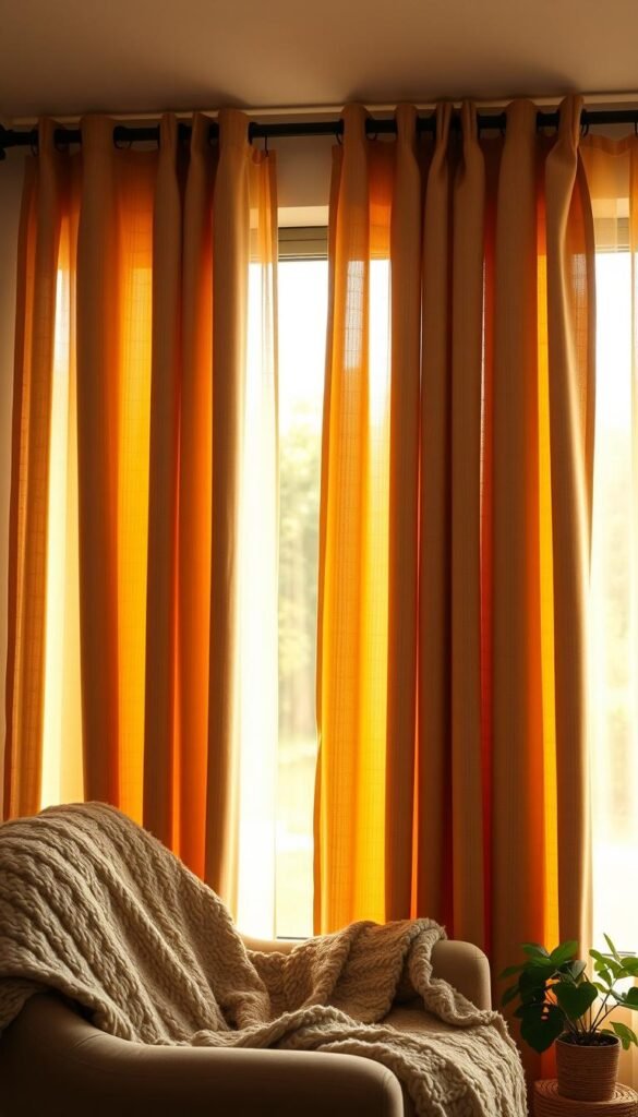 Lush curtains softly drape over a large window, bathed in warm, golden sunlight filtering through sheer layers. The curtains are a rich, textured fabric in warm tones of beige and cream, showcasing a subtle pattern that adds depth. In the foreground, a cozy chair with a knitted throw invites relaxation, while a small potted plant adds a touch of greenery. The window reveals a peaceful garden view in the background, blurring slightly to emphasize the indoor atmosphere. Soft, diffused lighting enhances the inviting ambiance, creating a serene and welcoming feel. The composition focuses on cozy home decor essentials, evoking a sense of warmth and comfort, perfect for the "CozyTrendHub" aesthetic.