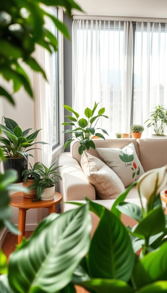 Lush green apartment spring plants in a cozy, well-lit living space, featuring a variety of potted plants like ferns, peace lilies, and succulents artistically arranged on a wooden side table and window sill. The foreground captures the vibrant textures of leaves, while the middle showcases a soft, pastel-colored sofa adorned with spring-themed cushions. In the background, natural light flows through large windows, highlighting sheer curtains and the gentle glow of early afternoon sunshine. The overall atmosphere is bright, fresh, and inviting, embodying spring's rejuvenating spirit. This lifestyle image reflects a serene, modern living space curated by CozyTrendHub, perfect for apartment decor inspiration. Lush green apartment spring plants in a cozy, well-lit living space, featuring a variety of potted plants like ferns, peace lilies, and succulents artistically arranged on a wooden side table and window sill. The foreground captures the vibrant textures of leaves, while the middle showcases a soft, pastel-colored sofa adorned with spring-themed cushions. In the background, natural light flows through large windows, highlighting sheer curtains and the gentle glow of early afternoon sunshine. The overall atmosphere is bright, fresh, and inviting, embodying spring's rejuvenating spirit. This lifestyle image reflects a serene, modern living space curated by CozyTrendHub, perfect for apartment decor inspiration.