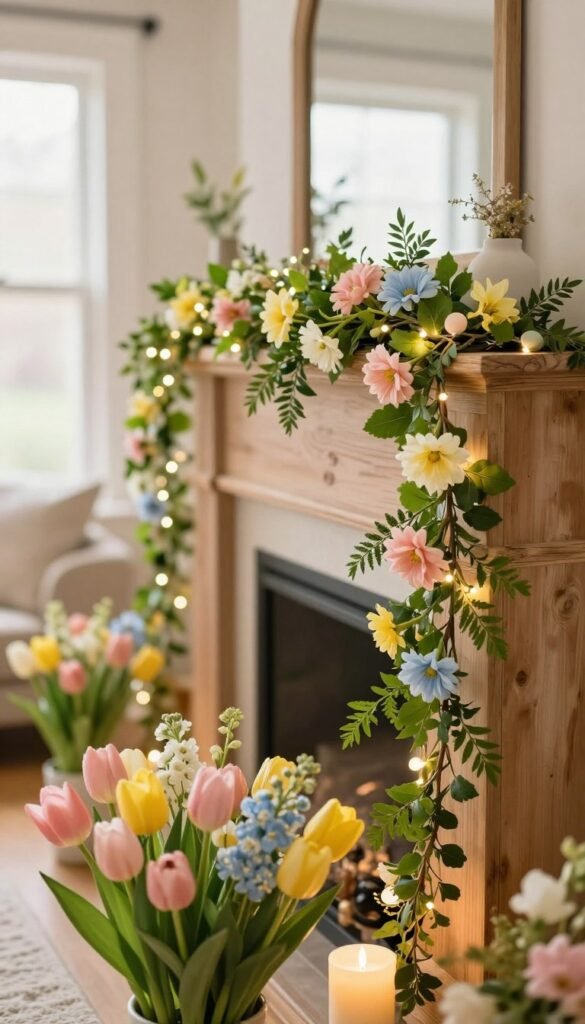 Lush green garland adorned with delicate pastel-colored flowers and small white lights, elegantly draped along the edge of a rustic wooden mantel. In the foreground, vibrant spring blooms in soft pinks, yellows, and blues brightening the scene, with a cozy candle placed beside them. The middle ground showcases the gently swaying garland, exuding a cheerful, welcoming vibe. The background features a softly blurred living room, filled with warm natural light spilling through large windows, illuminating the space and creating an inviting atmosphere. The overall mood is fresh and uplifting, inspired by Easter celebrations, while exuding a stylish, Pinterest-worthy decor aesthetic. Captured with a warm lens effect, conveying the essence of spring and homeliness. Perfect for portraying affordable elegance by CozyTrendHub. Lush green garland adorned with delicate pastel-colored flowers and small white lights, elegantly draped along the edge of a rustic wooden mantel. In the foreground, vibrant spring blooms in soft pinks, yellows, and blues brightening the scene, with a cozy candle placed beside them. The middle ground showcases the gently swaying garland, exuding a cheerful, welcoming vibe. The background features a softly blurred living room, filled with warm natural light spilling through large windows, illuminating the space and creating an inviting atmosphere. The overall mood is fresh and uplifting, inspired by Easter celebrations, while exuding a stylish, Pinterest-worthy decor aesthetic. Captured with a warm lens effect, conveying the essence of spring and homeliness. Perfect for portraying affordable elegance by CozyTrendHub.