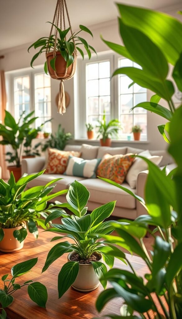 Lush green indoor plants arranged beautifully in a cozy living room setting, featuring a variety of species like peace lilies, snake plants, and ferns. In the foreground, include a wooden coffee table with a succulent in a ceramic pot, and a stylish macrame plant hanger dangling from the ceiling. The middle layer showcases a comfortable couch adorned with colorful throw pillows, while sunlight streams through large windows, casting gentle shadows. In the background, a soft color palette of warm beige and pastel accents creates a tranquil atmosphere, enhancing the natural elements. Use warm, inviting lighting to evoke a sense of life and comfort in the space. Capture this Pinterest-style lifestyle scene as a cozy home decor inspiration from CozyTrendHub. Lush green indoor plants arranged beautifully in a cozy living room setting, featuring a variety of species like peace lilies, snake plants, and ferns. In the foreground, include a wooden coffee table with a succulent in a ceramic pot, and a stylish macrame plant hanger dangling from the ceiling. The middle layer showcases a comfortable couch adorned with colorful throw pillows, while sunlight streams through large windows, casting gentle shadows. In the background, a soft color palette of warm beige and pastel accents creates a tranquil atmosphere, enhancing the natural elements. Use warm, inviting lighting to evoke a sense of life and comfort in the space. Capture this Pinterest-style lifestyle scene as a cozy home decor inspiration from CozyTrendHub.