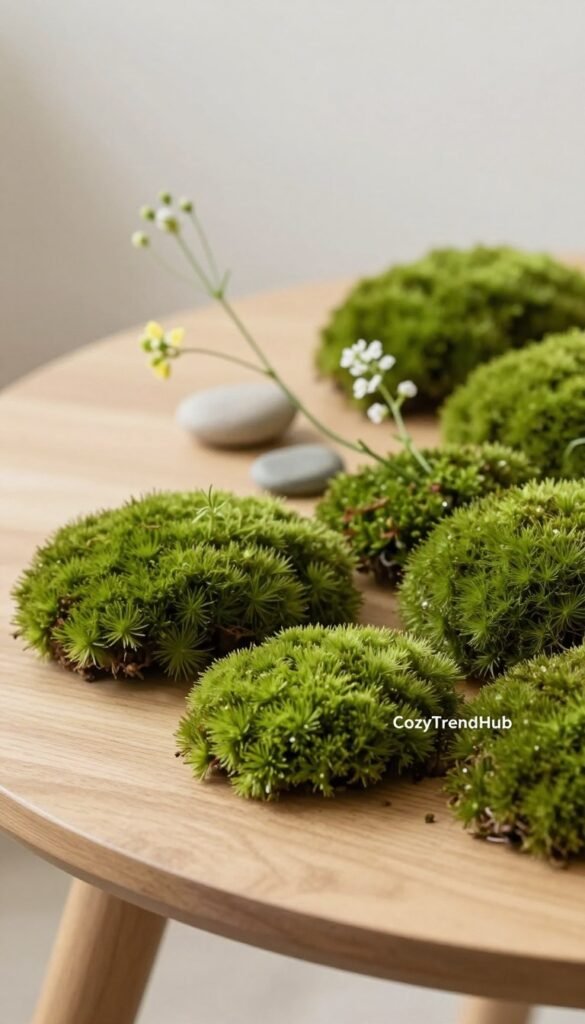 Lush green moss spheres arranged artistically on a minimalist wooden table, showcasing their rich texture and natural beauty. In the foreground, soft, diffused lighting highlights the spherical shapes, emphasizing their vibrant green hues. The middle ground features delicate, airy spring accents like small wildflowers and subtle stones, enhancing the organic feel without overwhelming color. The background is a softly blurred, light, neutral-tone wall that complements the moss without distraction. Capture this scene from a slightly elevated angle to create a modern Pinterest-style lifestyle photo that evokes serenity and refreshment. The mood is calm and inviting, perfect for a spring decor theme. Include the brand name "CozyTrendHub" subtly integrated into the composition.