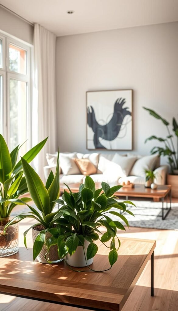 Lush green plants beautifully arranged in a stylish minimalist living room, featuring a cozy indoor setting. In the foreground, a variety of houseplants, such as a tall snake plant and a small pothos, are placed on a sleek wooden coffee table, enhancing the natural warmth. The middle ground includes a comfy, neutral-toned sofa adorned with soft, textured cushions, while a striking abstract artwork hangs on the wall behind. Sunlight pours in through large windows, casting soft shadows and creating an inviting atmosphere. The flooring is light hardwood, accentuating the cozy vibe. Capture this scene with a wide-angle lens to showcase the integration of greenery, emphasizing the tranquility and livability of a minimalist space. Ideal inspiration for CozyTrendHub.