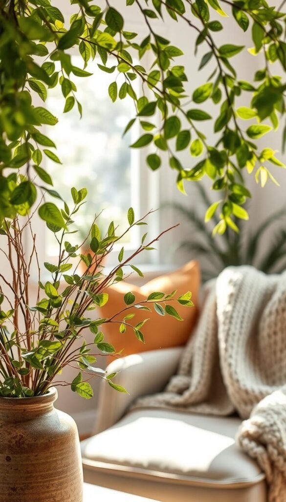 Lush greenery branches gracefully arc overhead, creating a serene, inviting atmosphere reminiscent of a cozy home decor setting. In the foreground, a variety of textured green leaves and delicate twigs are artfully arranged in a rustic ceramic vase, showcasing the natural beauty and rich colors of the foliage. The middle ground features softly blurred warm-toned pillows and a chunky knitted throw draped casually over a stylish armchair, inviting relaxation and comfort. In the background, a sun-drenched window casts gentle, dappled light, enhancing the scene with a sense of warmth and tranquility. The overall mood is harmonious and refreshing, ideal for illustrating natural elements in an inviting interior space. Perfect for "CozyTrendHub," this image captures the essence of greenery and low-maintenance decor.
