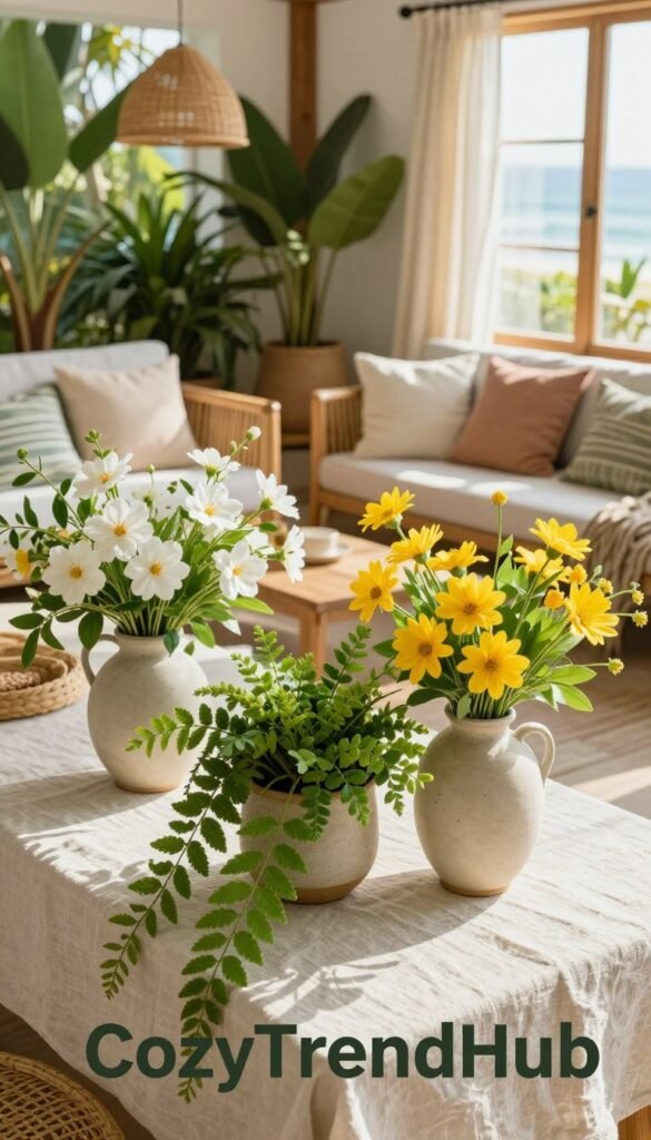 Lush greenery coastal decor, featuring realistic fresh and faux summer florals arranged in elegant, ceramic vases. In the foreground, a light, textured linen tablecloth sets the stage for vibrant potted plants with cascading leaves and bright, blooming flowers in whites and yellows. The middle ground showcases a cozy, sunlit living space adorned with woven bamboo accents and natural wood furniture, complemented by soft, pastel cushions. In the background, a large window with sheer drapes invites golden sunlight, illuminating the scene and enhancing the relaxed, summery atmosphere. Use a bright, natural light setting, captured from a slightly elevated angle to encapsulate the charm and tranquility of a coastal vibe. Ideal for a Pinterest-style lifestyle photo, branded with "CozyTrendHub".