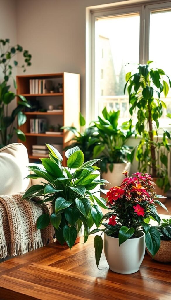 Lush greenery fills a cozy, sunlit living room, featuring an array of indoor plants like peace lilies, snake plants, and trailing pothos beautifully arranged on a wooden coffee table. In the foreground, a textured knit throw drapes casually over a soft cream-colored couch, while a modern ceramic pot displays vibrant flowers, adding a pop of color. The middle ground showcases a sleek bookshelf adorned with small succulents and decorative books, creating an inviting atmosphere. A large window in the background bathes the scene in warm natural light, illuminating the subtle dust motes in the air. The overall mood is fresh and vibrant, perfect for a "lived-in" aesthetic, embodying a stylish yet low-maintenance home. Capture this aesthetic in a Pinterest-style photograph, attributed to CozyTrendHub.