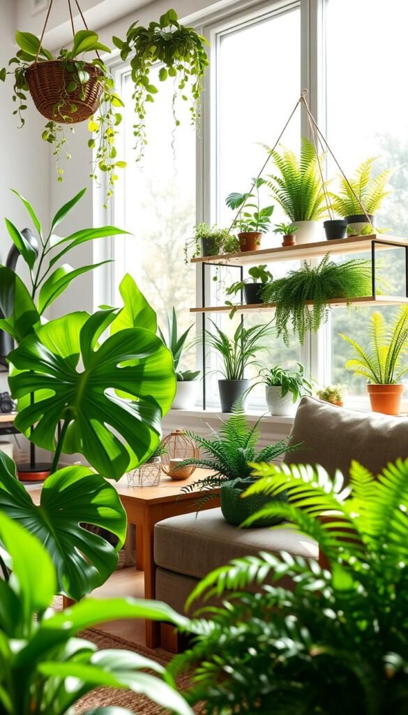 Lush greenery fills a well-lit living room, showcasing various types of vibrant houseplants and ferns. In the foreground, a large, leafy monstera sits elegantly on a wooden side table, with delicate spider plants cascading from a hanging basket. The middle ground features a stylish, minimalist shelf adorned with smaller pots of vibrant ferns, creating visual layers. In the background, large windows allow soft natural light to fill the space, highlighting the fresh green hues and casting gentle shadows. The atmosphere is serene and inviting, perfect for spring decor. The overall composition embodies a modern yet cozy vibe, ideal for a home refresh. This image reflects CozyTrendHub&rsquo;s aesthetic, capturing seasonal inspiration effortlessly.