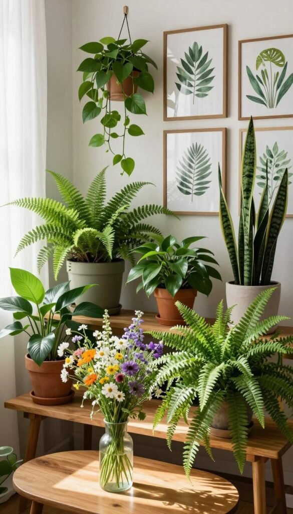 Lush greenery fills the scene, showcasing an assortment of vibrant houseplants, such as ferns, pothos, and snake plants, arranged on a stylish wooden table in a cozy apartment setting. In the foreground, a delicate vase of fresh wildflowers adds a pop of color. The middle ground features a vibrant gallery wall adorned with framed botanical prints, enhancing the natural vibe. In the background, soft sunlight filters through sheer curtains, casting gentle shadows and creating an inviting atmosphere. The overall mood is fresh and airy, embodying a summer ideal for small spaces. Capture the essence of relaxed living with a Pinterest-style lifestyle photo that resonates with home decor enthusiasts. CozyTrendHub. Lush greenery fills the scene, showcasing an assortment of vibrant houseplants, such as ferns, pothos, and snake plants, arranged on a stylish wooden table in a cozy apartment setting. In the foreground, a delicate vase of fresh wildflowers adds a pop of color. The middle ground features a vibrant gallery wall adorned with framed botanical prints, enhancing the natural vibe. In the background, soft sunlight filters through sheer curtains, casting gentle shadows and creating an inviting atmosphere. The overall mood is fresh and airy, embodying a summer ideal for small spaces. Capture the essence of relaxed living with a Pinterest-style lifestyle photo that resonates with home decor enthusiasts. CozyTrendHub.