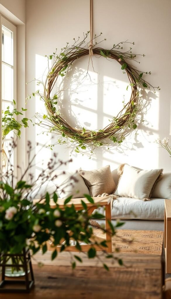 Lush greenery forms a circular wreath intertwined with delicate branches, subtly adorned with wildflowers and soft, pastel-colored blooms. In the foreground, a rustic wooden table is set with glass vases displaying sprigs of branches, and a gentle breeze rustles the leaves, creating a serene, inviting atmosphere. The middle layer showcases the wreath hanging elegantly on a light, cream-colored wall, reflecting natural sunlight that filters through a nearby window, casting soft shadows. In the background, a cozy living room scene is softly blurred, with light pastel d&eacute;cor and hints of spring, embodying a cheerful, fresh mood. The image embodies the essence of shared living spaces, emphasizing warmth and harmony. Capture this cozy, seasonal essence for "CozyTrendHub."