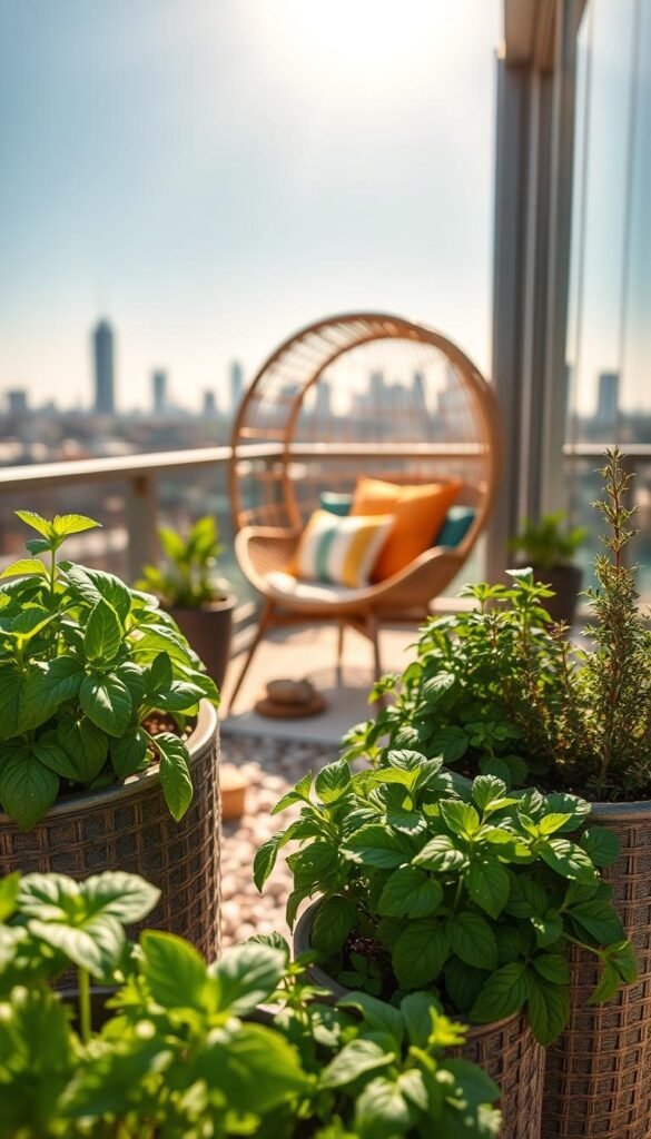 Lush herbs in a stylish container garden, featuring vibrant basil, cheerful parsley, and aromatic thyme, arranged in modern, textured pots on a sun-drenched balcony. The foreground showcases the herbs with detailed veining on the leaves and droplets of water glistening from recent watering. In the middle, a comfortable rattan chair with colorful cushions invites relaxation, surrounded by small decorative stones and wooden accents for a rustic touch. The background features cityscape silhouettes under a clear blue sky, with warm sunlight casting soft shadows, creating a cozy atmosphere. Image composition with a shallow depth of field enhances the focus on the herbs while blurring the city scenery. Captured in soft, natural lighting to evoke a sense of tranquility and homey charm. Ideal for illustrating home decor inspiration by CozyTrendHub.