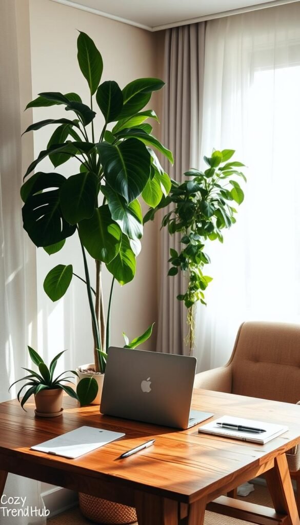 Lush indoor plants arranged in an inviting work-from-home corner, featuring a tall fiddle leaf fig and a cascading pothos, all set against a warm, light-filled room. The scene captures a stylish desk made of reclaimed wood, adorned with a sleek laptop and minimalist stationery. Soft, natural light filters through sheer curtains, creating a serene and productive atmosphere. A cozy armchair in the background invites relaxation, complementing the earthy tones of the greenery. The composition has a slight tilt to emphasize depth, inviting viewers into this tranquil workspace. The mood is balanced and uplifting, showcasing the harmonious blend of nature and modern decor. This image embodies the aesthetic of CozyTrendHub, perfect for illustrating the benefits of incorporating plants into home office spaces. Lush indoor plants arranged in an inviting work-from-home corner, featuring a tall fiddle leaf fig and a cascading pothos, all set against a warm, light-filled room. The scene captures a stylish desk made of reclaimed wood, adorned with a sleek laptop and minimalist stationery. Soft, natural light filters through sheer curtains, creating a serene and productive atmosphere. A cozy armchair in the background invites relaxation, complementing the earthy tones of the greenery. The composition has a slight tilt to emphasize depth, inviting viewers into this tranquil workspace. The mood is balanced and uplifting, showcasing the harmonious blend of nature and modern decor. This image embodies the aesthetic of CozyTrendHub, perfect for illustrating the benefits of incorporating plants into home office spaces.