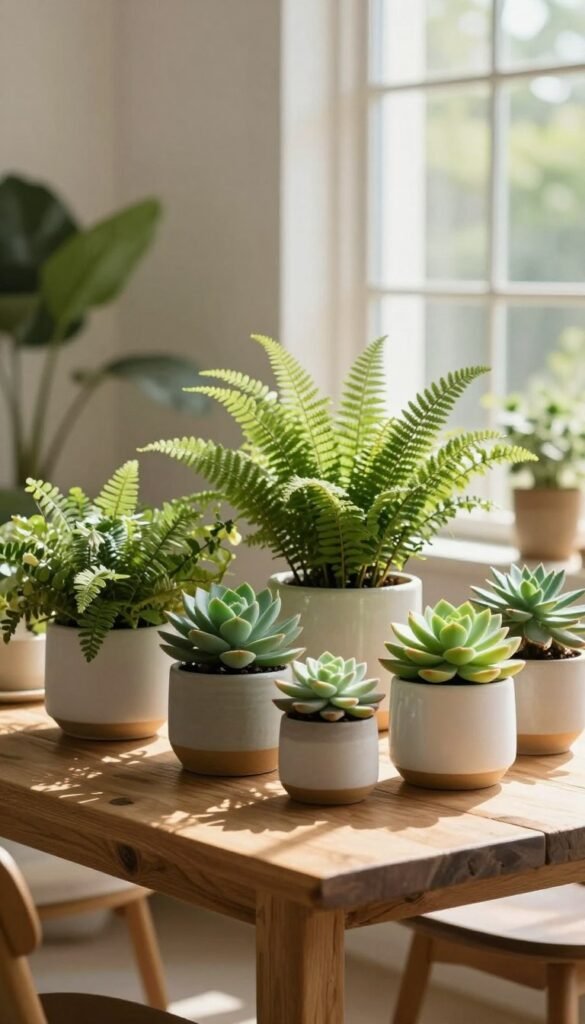 Lush potted plants in a serene indoor setting, showcasing a variety of greenery like ferns, succulents, and flowering plants. In the foreground, a rustic wooden table adorned with elegant ceramic planters filled with vibrant plants, arranged neatly to enhance a clean aesthetic. The middle ground features a soft, light-filtering window, allowing warm sunlight to cascade across the scene, creating gentle shadows. In the background, subtle hints of additional greenery frame the image, adding depth without clutter. The composition captures a mood of tranquility and sophistication, perfect for summer dining decor. Soft focus effect for a cozy, inviting atmosphere. Ideal for CozyTrendHub's Pinterest-style home decor themes.