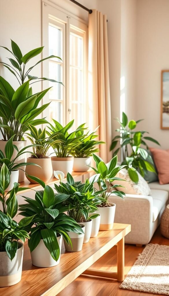 Lush selection of allergy-friendly potted plants arranged on a modern wooden shelf. In the foreground, a variety of vibrant, non-allergenic plants such as spider plants, peace lilies, and snake plants, all in stylish ceramic pots with neutral tones. The middle layer showcases a bright window letting in natural sunlight, casting soft shadows on the shelf. In the background, a cozy, tastefully decorated living room with soft, earthy color palettes and spring-themed decor accents, like pastel throw pillows and a light woven rug. The atmosphere is fresh and inviting, perfect for spring. The lighting is warm, creating a serene and uplifting mood, ideal for inspiring renters. High-resolution, realistic photo by CozyTrendHub. Lush selection of allergy-friendly potted plants arranged on a modern wooden shelf. In the foreground, a variety of vibrant, non-allergenic plants such as spider plants, peace lilies, and snake plants, all in stylish ceramic pots with neutral tones. The middle layer showcases a bright window letting in natural sunlight, casting soft shadows on the shelf. In the background, a cozy, tastefully decorated living room with soft, earthy color palettes and spring-themed decor accents, like pastel throw pillows and a light woven rug. The atmosphere is fresh and inviting, perfect for spring. The lighting is warm, creating a serene and uplifting mood, ideal for inspiring renters. High-resolution, realistic photo by CozyTrendHub.