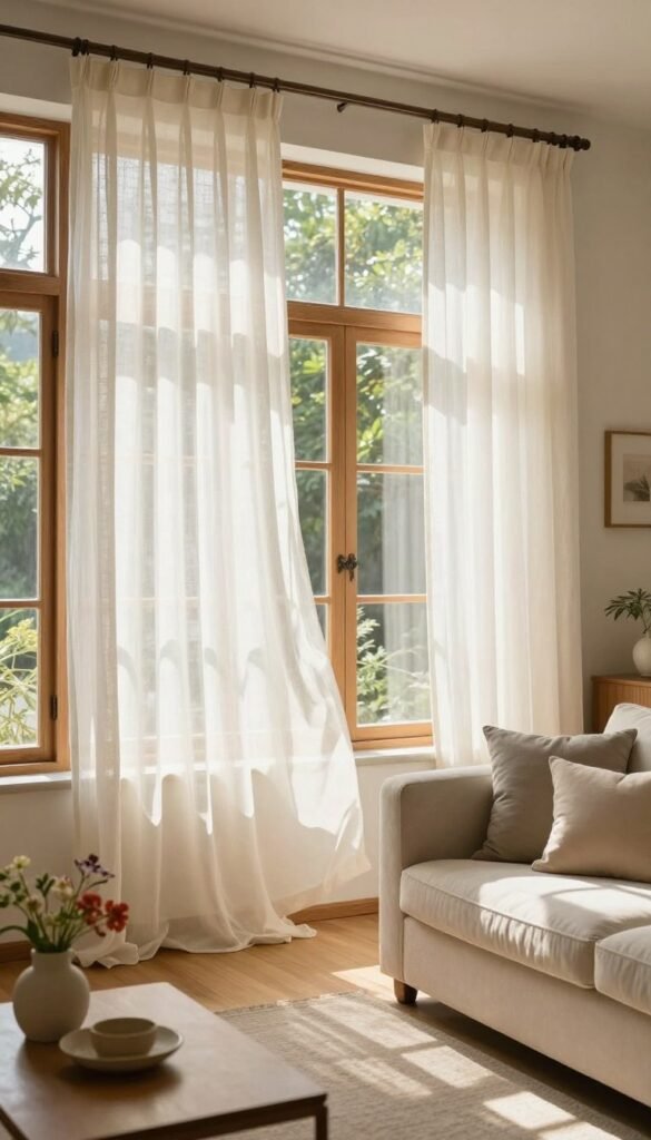 Lush, sheer linen curtains gently billowing in a soft summer breeze, elegantly framing large, sunlit windows in a cozy living room. The windows are adorned with delicate wooden frames, allowing warm sunlight to stream in, casting inviting shadows on the light wooden floor. In the foreground, a plush, neutral-colored sofa accented with pastel throw pillows invites relaxation, while a stylish coffee table holds a few vibrant botanical accents. The walls are painted in soft, creamy tones, enhancing the airy atmosphere. The overall mood is serene and bright, capturing the essence of summer decor. Natural light floods the space, creating an inviting and warm ambiance, emphasizing the beauty of sheer fabrics. This image reflects the timeless elegance of summer living spaces curated beautifully by CozyTrendHub.