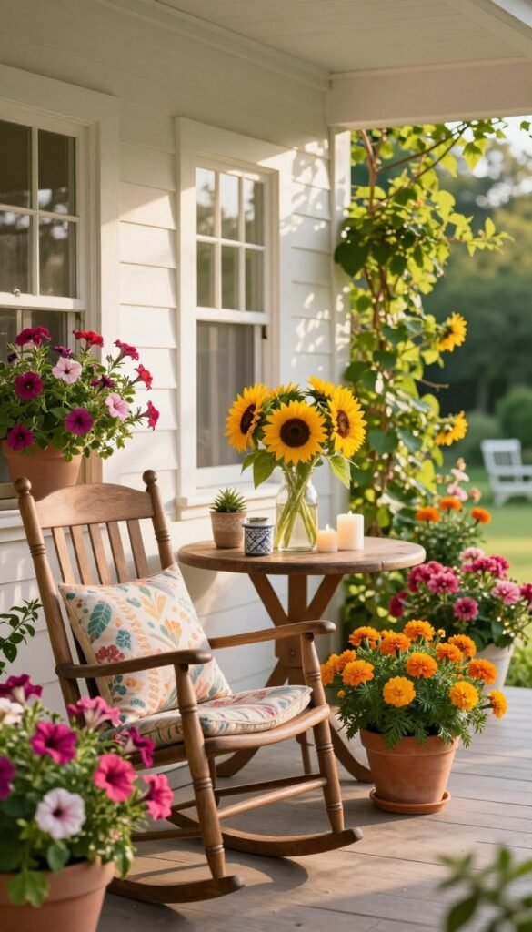 Lush summer porch adorned with vibrant seasonal blooms, including colorful petunias, cheerful marigolds, and cascading geraniums, in stylish pots. In the foreground, a cozy wooden rocking chair decorated with a soft, patterned cushion invites relaxation. The middle showcases a charming, rustic table holding a vase of freshly cut sunflowers, surrounded by decorative candles. The background features a white clapboard house bathed in warm, golden sunlight, with verdant climbing vines framing the porch. The scene is filled with a sense of warmth and tranquility, perfect for summer days. The composition has a shallow depth of field, focusing on the flowers and decor while softly blurring the distant background. Captured in soft, natural lighting to enhance the vibrant colors and refresh the inviting atmosphere of a summer entryway. Inspired by CozyTrendHub.