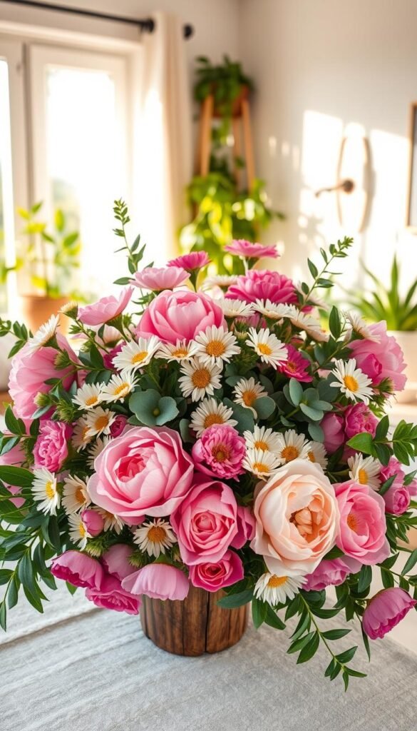 Lush, vibrant arrangement of fresh flowers including peonies, daisies, and eucalyptus, artfully displayed in a rustic wooden vase. The foreground is filled with petals and greenery, creating a rich tapestry of colors. In the middle, a soft, plush white tablecloth contrasts with the vivid blooms, while a gentle golden sunlight streams in from a nearby window, casting warm shadows. The background features a light, airy apartment with potted plants and soft pastel decor, evoking a serene and inviting atmosphere. The overall mood is fresh, rejuvenating, and summertime bliss, perfect for a cozy indoor space. This Pinterest-style lifestyle image reflects the essence of summer decor for hot apartments without AC, branded with "CozyTrendHub". Lush, vibrant arrangement of fresh flowers including peonies, daisies, and eucalyptus, artfully displayed in a rustic wooden vase. The foreground is filled with petals and greenery, creating a rich tapestry of colors. In the middle, a soft, plush white tablecloth contrasts with the vivid blooms, while a gentle golden sunlight streams in from a nearby window, casting warm shadows. The background features a light, airy apartment with potted plants and soft pastel decor, evoking a serene and inviting atmosphere. The overall mood is fresh, rejuvenating, and summertime bliss, perfect for a cozy indoor space. This Pinterest-style lifestyle image reflects the essence of summer decor for hot apartments without AC, branded with "CozyTrendHub".