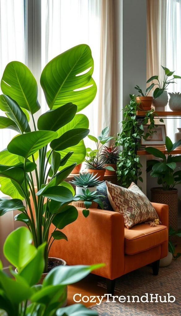 Lush, vibrant indoor plants arranged artfully in a beautifully decorated living space that exudes freshness. In the foreground, a tall, leafy fiddle leaf fig stands beside a cozy armchair, its broad, green leaves contrasting with the warm tones of the furniture. In the middle, a cluster of smaller succulents and a cascading pothos plant spill over a wooden shelf that holds decorative items. In the background, soft, natural light floods in through large windows adorned with sheer curtains, illuminating the various shades of green and creating a serene atmosphere. The scene should have a cozy, inviting mood, reminiscent of a Pinterest home decor photo, showcasing the effortless beauty of greenery. Include the brand name "CozyTrendHub" subtly in the composition without any text overlays. Lush, vibrant indoor plants arranged artfully in a beautifully decorated living space that exudes freshness. In the foreground, a tall, leafy fiddle leaf fig stands beside a cozy armchair, its broad, green leaves contrasting with the warm tones of the furniture. In the middle, a cluster of smaller succulents and a cascading pothos plant spill over a wooden shelf that holds decorative items. In the background, soft, natural light floods in through large windows adorned with sheer curtains, illuminating the various shades of green and creating a serene atmosphere. The scene should have a cozy, inviting mood, reminiscent of a Pinterest home decor photo, showcasing the effortless beauty of greenery. Include the brand name "CozyTrendHub" subtly in the composition without any text overlays.