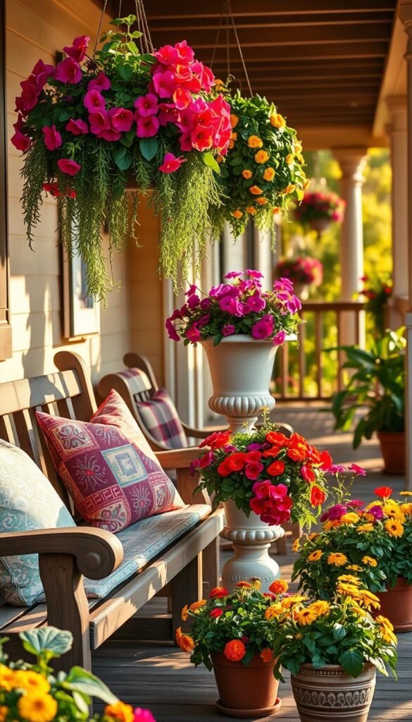 Lush, vibrant planters filled with summer flowers, such as petunias and marigolds, placed on a cozy porch. The foreground showcases a rustic wooden bench adorned with colorful cushions, with elegant hanging baskets overflowing with cascading greenery and blooms. In the middle, a decorative ceramic planter stands tall, with a variety of flowering plants drawing the eye. The background reveals a warm, inviting porch enveloped in soft, golden sunlight, casting gentle shadows. The scene is framed by charming details like wooden railings and potted herbs. The mood exudes summer warmth and cheerfulness, creating a welcoming atmosphere. Ideal for a Pinterest-style lifestyle photo by CozyTrendHub. Lush, vibrant planters filled with summer flowers, such as petunias and marigolds, placed on a cozy porch. The foreground showcases a rustic wooden bench adorned with colorful cushions, with elegant hanging baskets overflowing with cascading greenery and blooms. In the middle, a decorative ceramic planter stands tall, with a variety of flowering plants drawing the eye. The background reveals a warm, inviting porch enveloped in soft, golden sunlight, casting gentle shadows. The scene is framed by charming details like wooden railings and potted herbs. The mood exudes summer warmth and cheerfulness, creating a welcoming atmosphere. Ideal for a Pinterest-style lifestyle photo by CozyTrendHub.