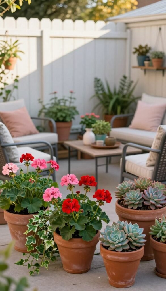 Lush, vibrant potted plants of various sizes and colors arranged gracefully on a small patio, enhancing its charm without overcrowding. In the foreground, a mix of flowering geraniums in bright reds and pinks, complemented by trailing ivy and succulent arrangements in stylish terracotta pots. The middle ground features a small coffee table adorned with decorative items, surrounded by cozy chairs. In the background, a wooden fence painted in soft white and hints of nature peeking through, creating an inviting atmosphere. Soft afternoon sunlight casts gentle shadows, giving a warm glow that enhances the colors of the plants. The scene captures a serene yet stylish outdoor space perfect for relaxation. Style: Pinterest-inspired, cozy, appealing for CozyTrendHub.