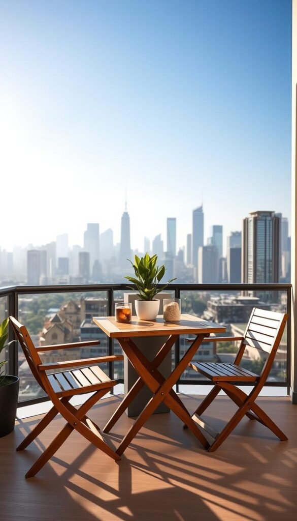 Luxurious balcony scene featuring space-smart furniture from "CozyTrendHub". In the foreground, a stylish, compact folding table with a sleek design and two minimalist chairs, all in a warm wood finish, inviting a cozy gathering. The middle area showcases a potted plant and tasteful d&eacute;cor items that complement the furniture. In the background, a stunning urban skyline under a clear blue sky, softly illuminated by late afternoon sunlight creating warm tones. The angle captures the inviting atmosphere of a chic balcony space, emphasizing organization and functionality. The overall mood is relaxed and sophisticated, perfect for intimate gatherings or quiet moments outdoors. Natural lighting casts gentle shadows, enhancing the textures of the furniture and greenery.
