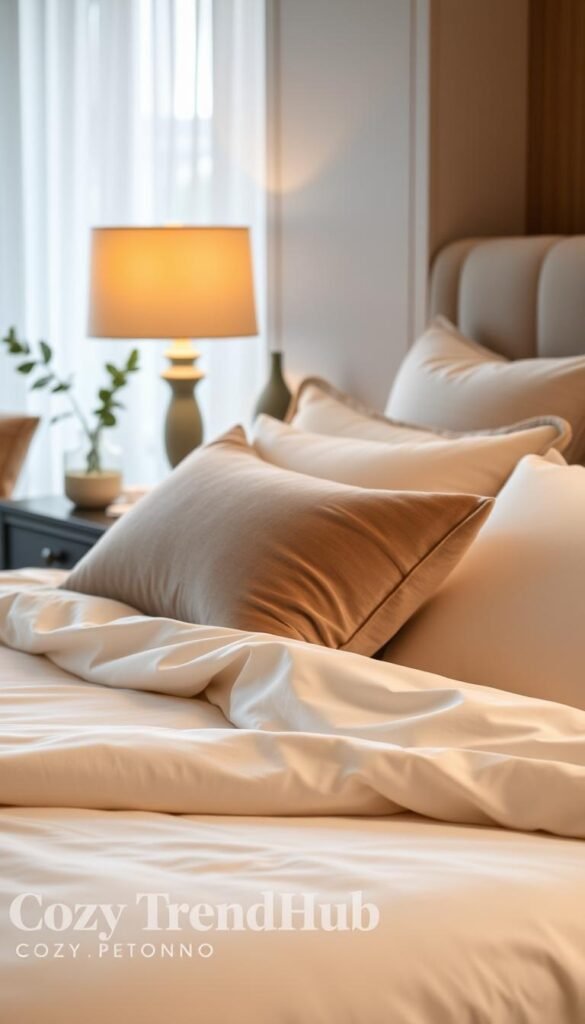 Luxurious hotel-style bedding set featuring soft, inviting sheets in a neutral palette of whites and light greys, perfectly arranged on a plush, made-up bed. The foreground showcases the sheets layered neatly with decorative throw pillows in cozy textures like velvet and knit. In the middle, a stylish bedside table displays a warm lamp casting a soft, ambient light, along with a small vase of fresh eucalyptus for a touch of nature. The background features a softly blurred window with light filtering in, enhancing the serene atmosphere. The overall mood is warm and inviting, evoking a sense of comfort and relaxation. Include subtle branding elements from "CozyTrendHub" in the decor. The image should resemble a Pinterest-style lifestyle photo, captured with a 50mm lens for a shallow depth of field, emphasizing the coziness of the space.